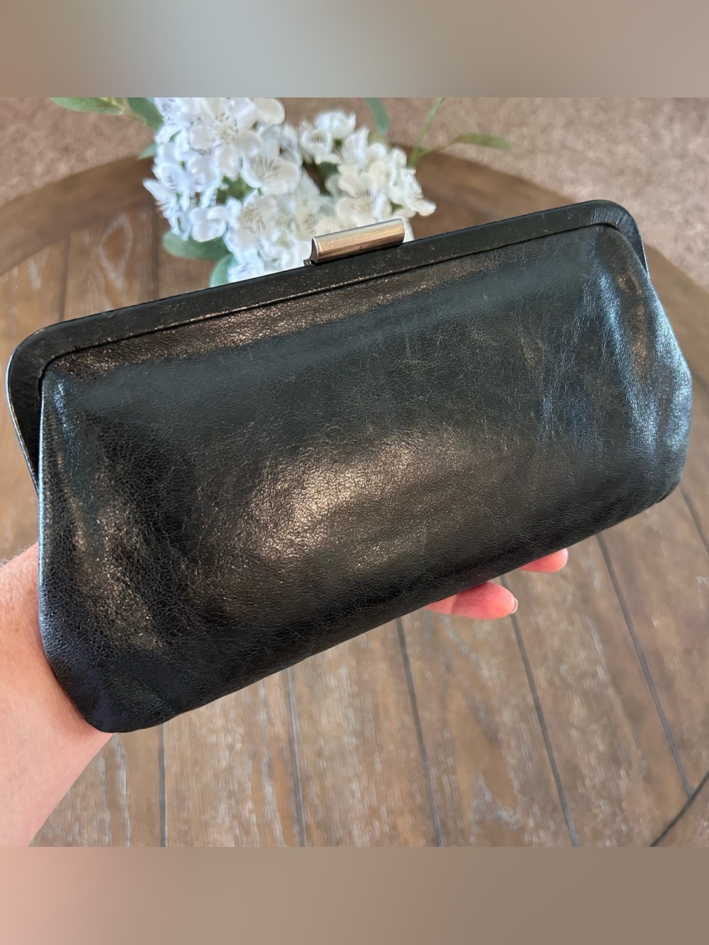 HOBO Black Leather Frame Clutch Wallet